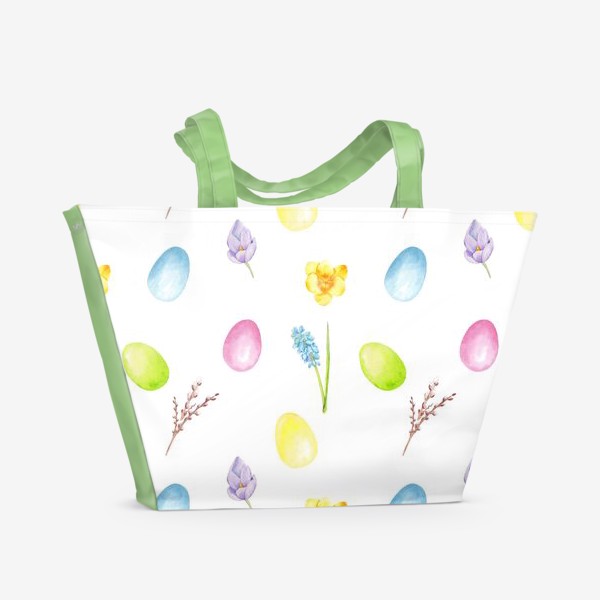 Пляжная сумка «Пасха. Цветные яйца, весенние цветы, верба. Акварельный паттерн на белом фоне»