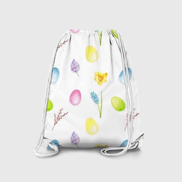 Рюкзак «Пасха. Цветные яйца, весенние цветы, верба. Акварельный паттерн на белом фоне»