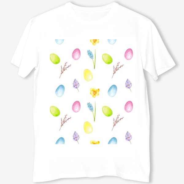 Футболка «Пасха. Цветные яйца, весенние цветы, верба. Акварельный паттерн на белом фоне»