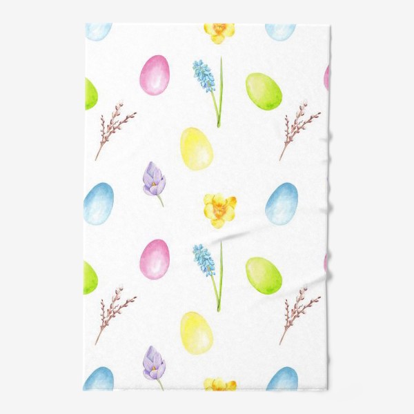 Полотенце &laquo;Пасха. Цветные яйца, весенние цветы, верба. Акварельный паттерн на белом фоне&raquo;