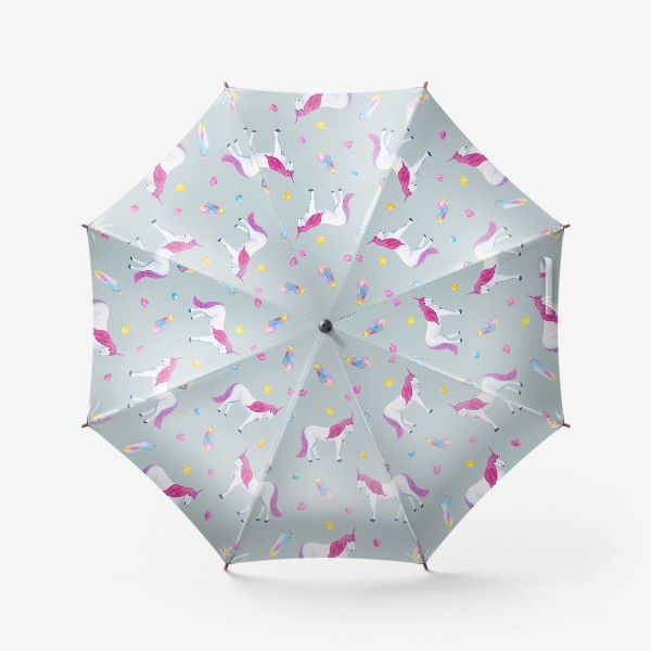 Зонт «Единорог и волшебные кристаллы. Акварельный сказочный детский летний принт на голубом фоне»