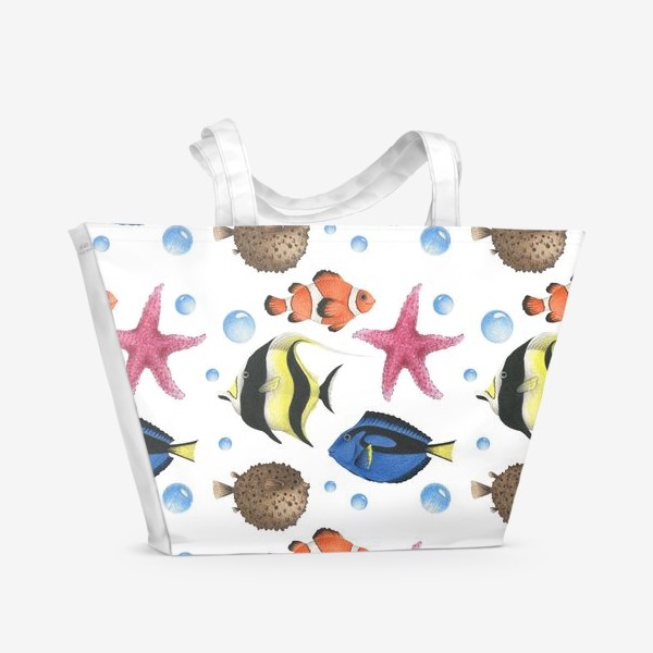 Пляжная сумка «Акварельный паттерн с океаническими рыбками на белом»
