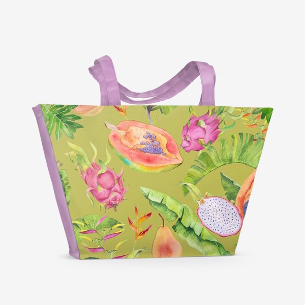 Пляжная сумка &laquo;Сочные тропические фрукты и цветы на оливковом: геликонии, драгонфрут и папайа&raquo;
