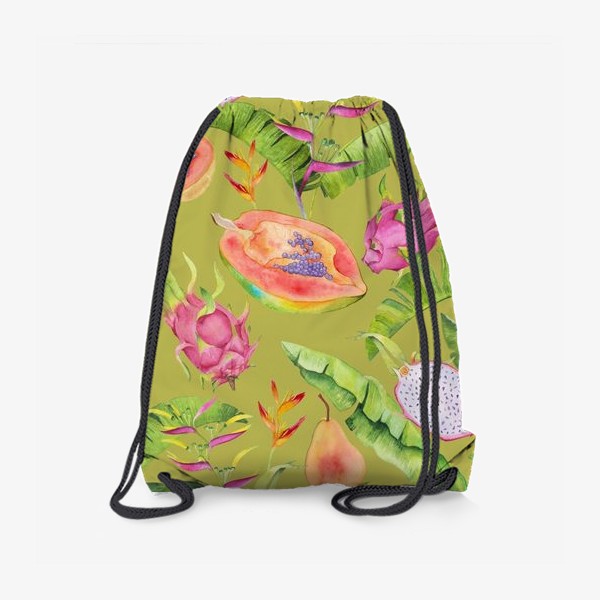 Рюкзак «Сочные тропические фрукты и цветы на оливковом: геликонии, драгонфрут и папайа»