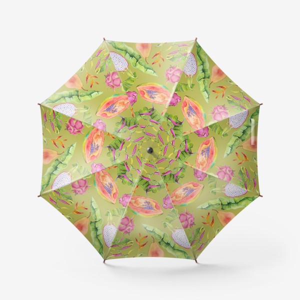 Зонт «Сочные тропические фрукты и цветы на оливковом: геликонии, драгонфрут и папайа»