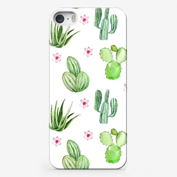 Чехол iPhone &laquo;Безшовный акварельный паттерн с кактусами и цветами&raquo;