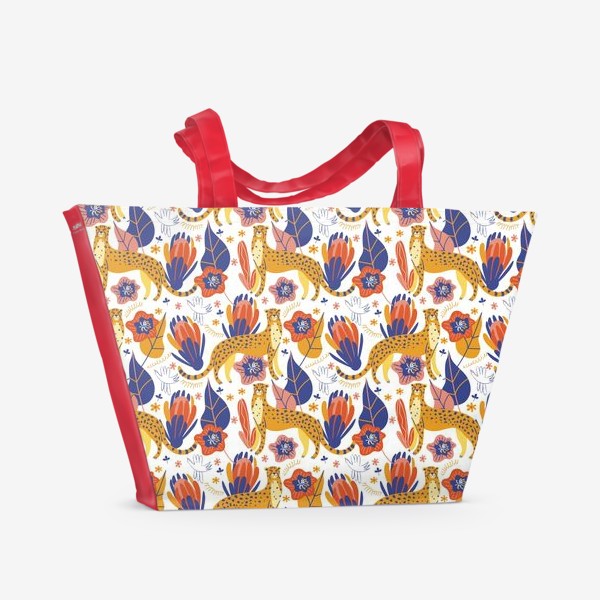 Пляжная сумка «Гепарды среди тропических растений»