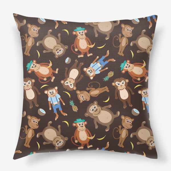 Подушка «Паттерн со смешными обезьянками на коричневом фоне»