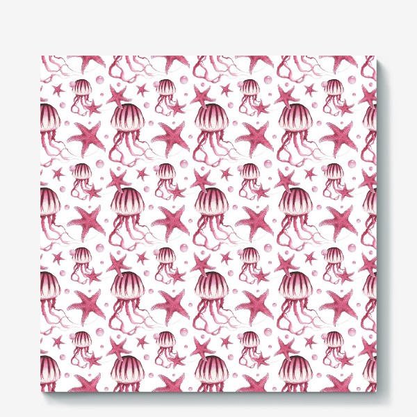 Холст «Акварельный паттерн с медузами и морскими звездами на белом фоне»