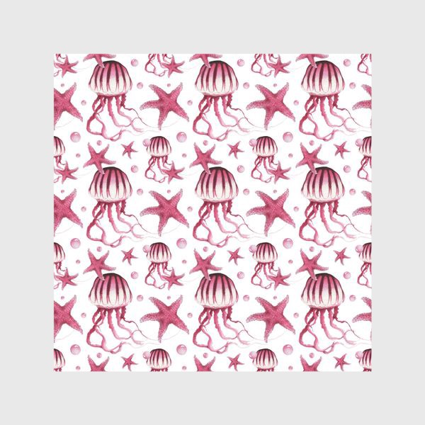 Шторы &laquo;Акварельный паттерн с медузами и морскими звездами на белом фоне&raquo;