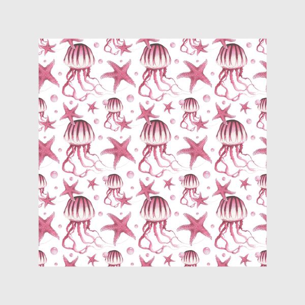 Скатерть «Акварельный паттерн с медузами и морскими звездами на белом фоне»