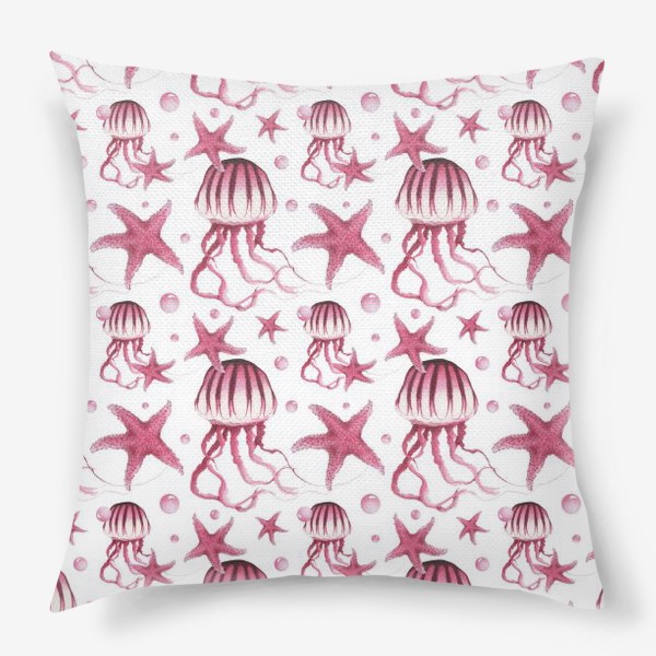 Подушка «Акварельный паттерн с медузами и морскими звездами на белом фоне»