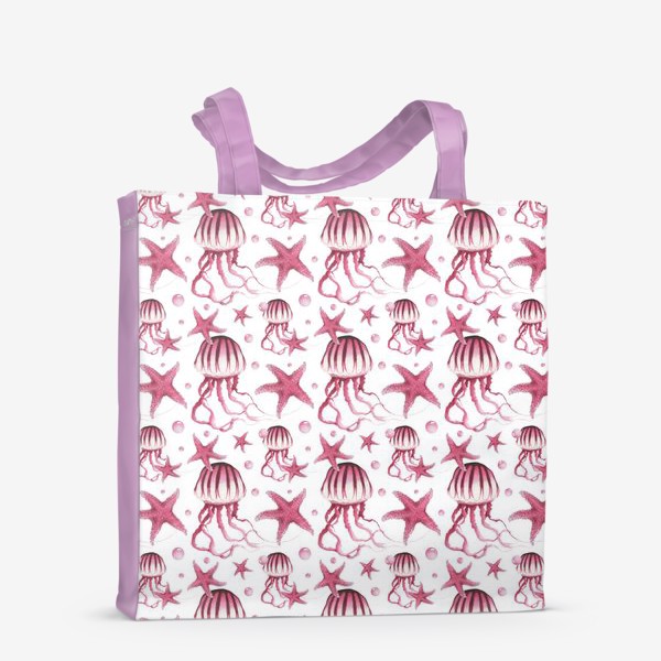Сумка-шоппер «Акварельный паттерн с медузами и морскими звездами на белом фоне»