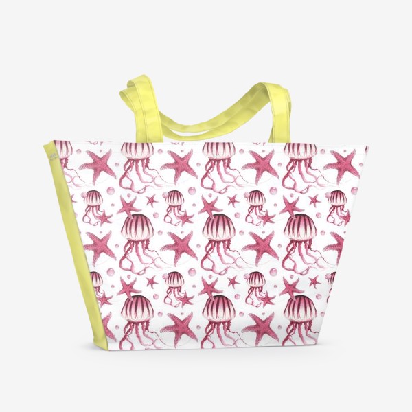 Пляжная сумка «Акварельный паттерн с медузами и морскими звездами на белом фоне»