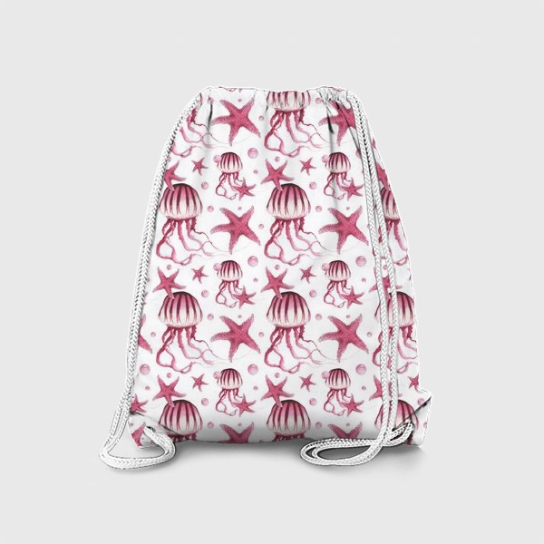 Рюкзак «Акварельный паттерн с медузами и морскими звездами на белом фоне»