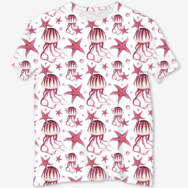 Футболка с полной запечаткой &laquo;Акварельный паттерн с медузами и морскими звездами на белом фоне&raquo;