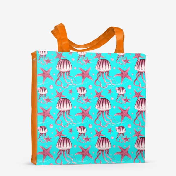 Сумка-шоппер «Акварельный паттерн с медузами и морскими звездами на бирюзовом фоне»