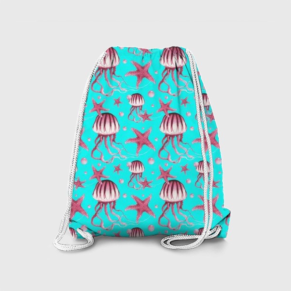 Рюкзак «Акварельный паттерн с медузами и морскими звездами на бирюзовом фоне»