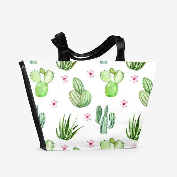 Пляжная сумка &laquo;Безшовный акварельный паттерн с кактусами и цветами&raquo;