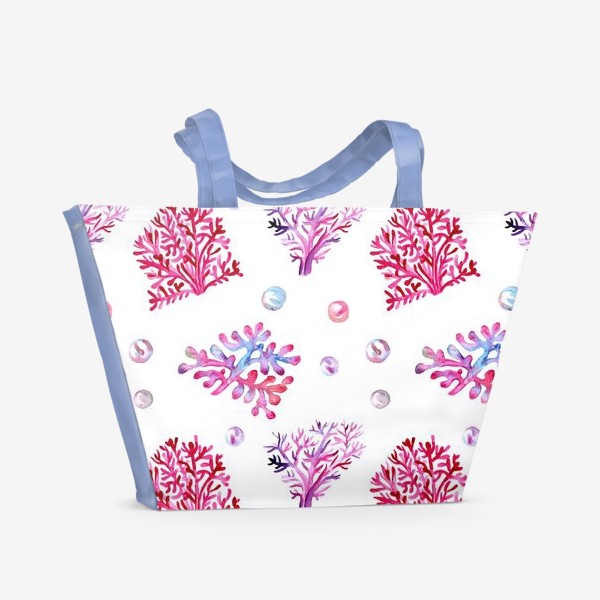 Пляжная сумка «Безшовный акварельный паттерн с морской темой, кораллами и жемчужинами»