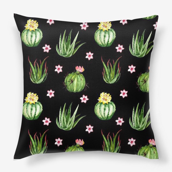 Подушка «Безшовный акварельный паттерн с кактусами и цветами»