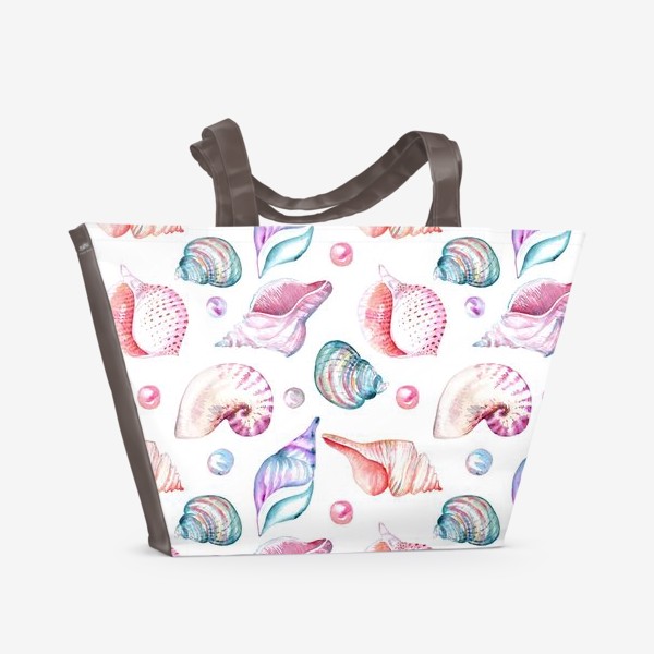 Пляжная сумка «Безшовный акварельный паттерн с морской темой, кораллами, ракушками и жемчужинами»