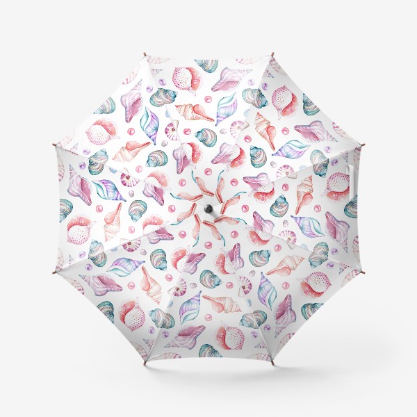 Зонт «Безшовный акварельный паттерн с морской темой, кораллами, ракушками и жемчужинами»