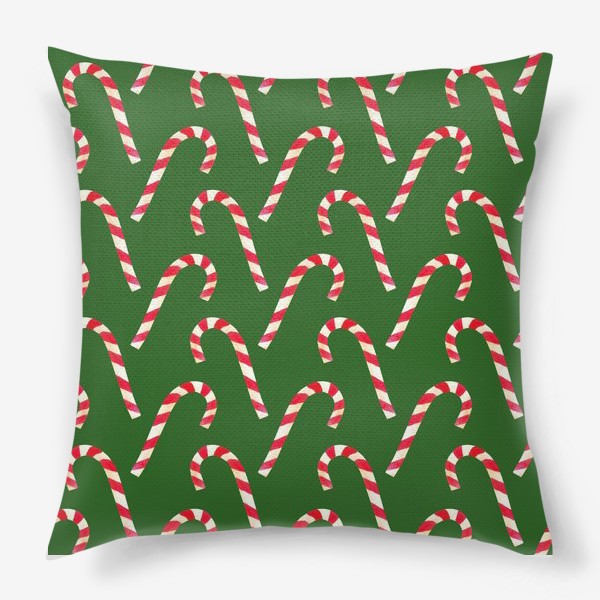 Подушка «новогодний узор из конфет леденцов кенди кейн на зеленом фоне»