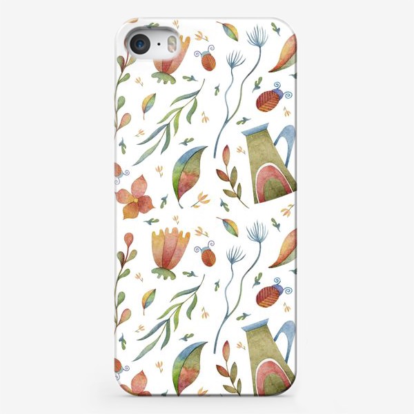 Чехол iPhone &laquo;Весенний паттерн с растениями, глиняными горшками и божьими коровками&raquo;