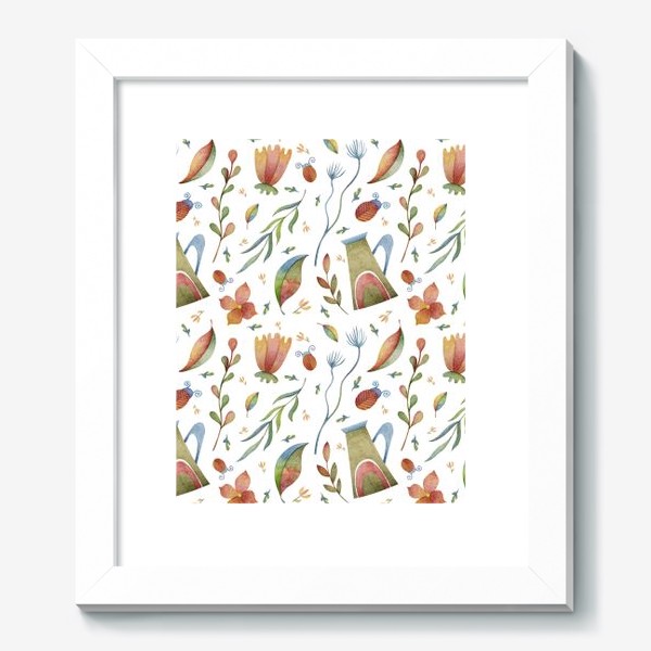 Картина «Весенний паттерн с растениями, глиняными горшками и божьими коровками»