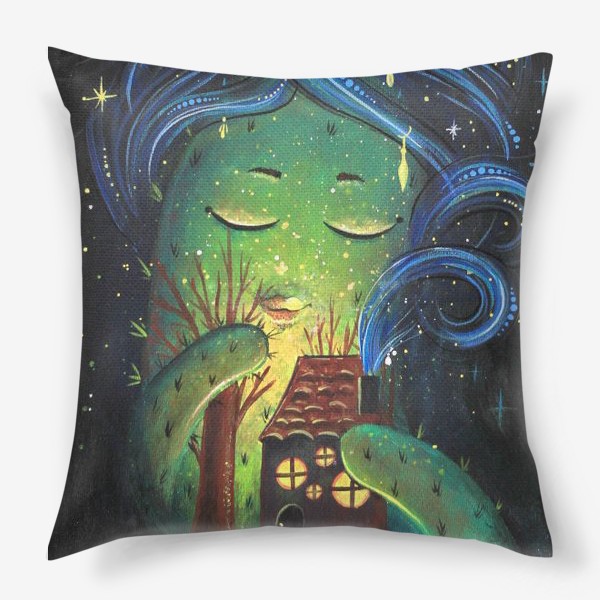 Подушка «Кактус с домиком в ночи»