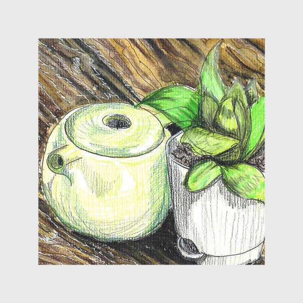 Скатерть «Чайник и растение на деревянном столе. Акварельные карандаши.»