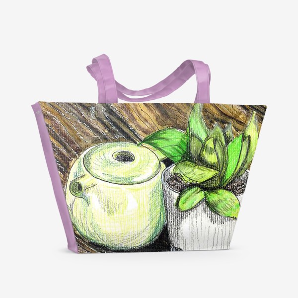 Пляжная сумка «Чайник и растение на деревянном столе. Акварельные карандаши.»
