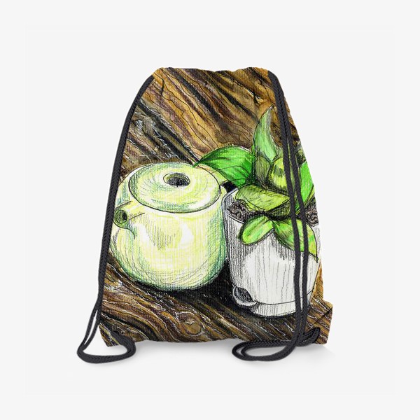 Рюкзак «Чайник и растение на деревянном столе. Акварельные карандаши.»