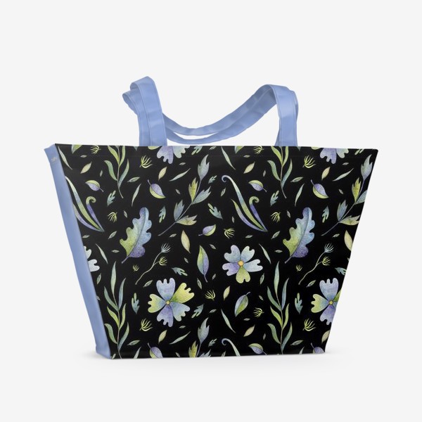 Пляжная сумка «Паттерн с голубыми цветами на черном фоне»