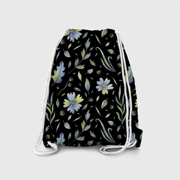 Рюкзак «Паттерн с голубыми цветами на черном фоне»