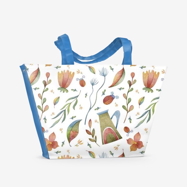 Пляжная сумка &laquo;Весенний паттерн с растениями, глиняными горшками и божьими коровками&raquo;
