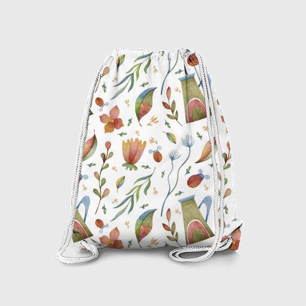 Рюкзак «Весенний паттерн с растениями, глиняными горшками и божьими коровками»
