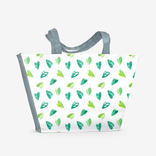 Пляжная сумка «Яркий летний паттерн с тропическими листьями в форме сердец. Акварельная иллюстрация с экзотическими растениями.»