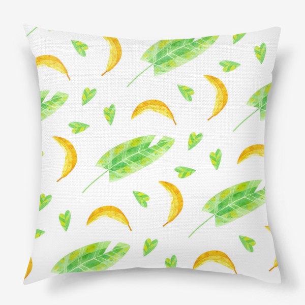 Подушка &laquo;Акварельная иллюстрация с бананами и банановыми листьями. Яркий летний принт с экзотическими растениями. &raquo;
