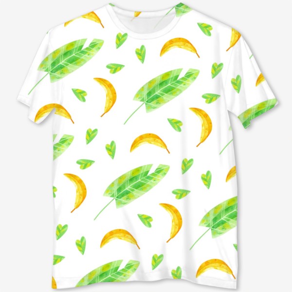 Футболка с полной запечаткой «Акварельная иллюстрация с бананами и банановыми листьями. Яркий летний принт с экзотическими растениями. »