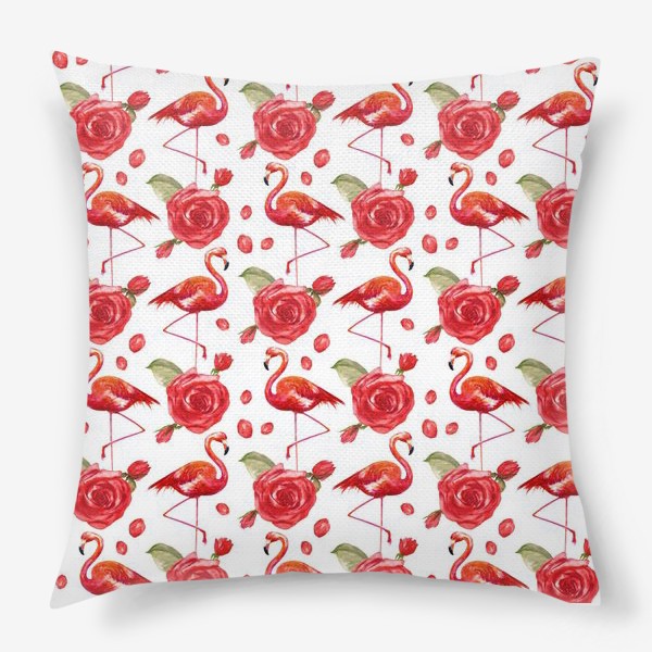 Подушка «Безшовный акварельный паттерн с нежными розами и фламинго»