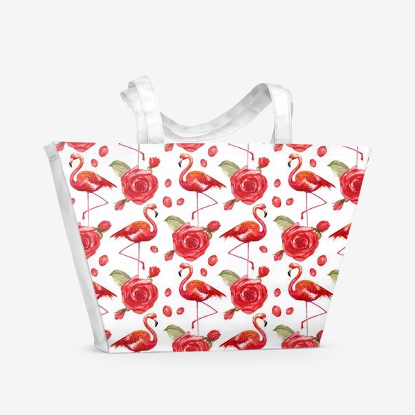Пляжная сумка «Безшовный акварельный паттерн с нежными розами и фламинго»
