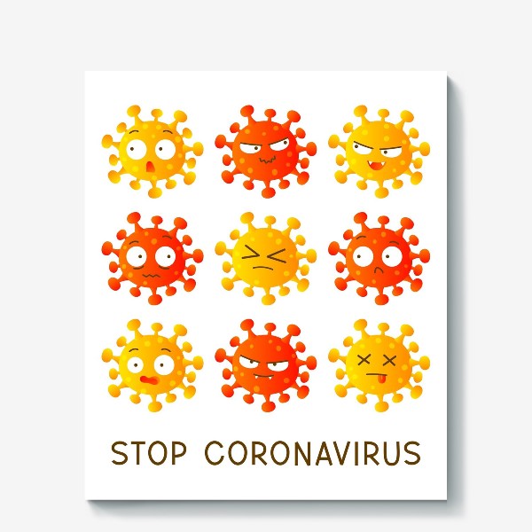 Холст «Останови коронавирус - смайлы-вирусы на белом фоне»