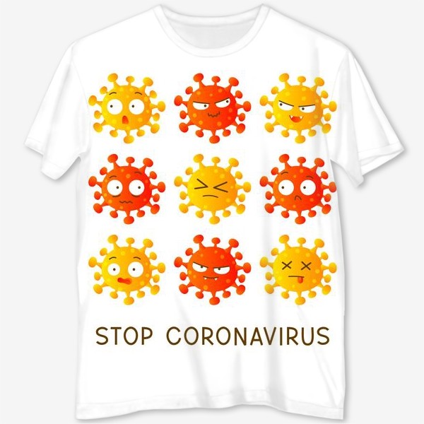 Футболка с полной запечаткой «Останови коронавирус - смайлы-вирусы на белом фоне»