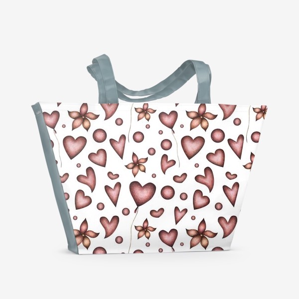 Пляжная сумка «Праздничный паттерн с красными сердечками, цветами и шарами»