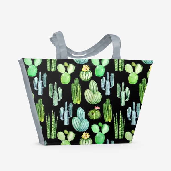 Пляжная сумка &laquo;Безшовный акварельный паттерн с кактусами и цветами&raquo;