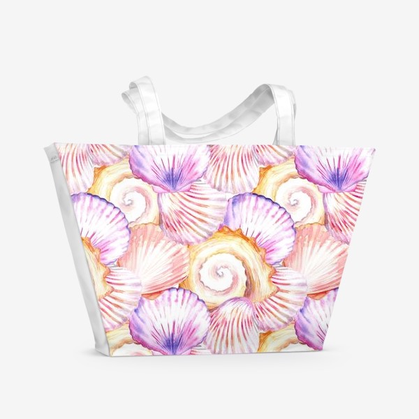 Пляжная сумка «Безшовный акварельный паттерн с морской темой, кораллами и ракушками»