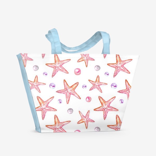 Пляжная сумка &laquo;Безшовный акварельный паттерн с морской темой, морскими звездами и жемчужинами&raquo;