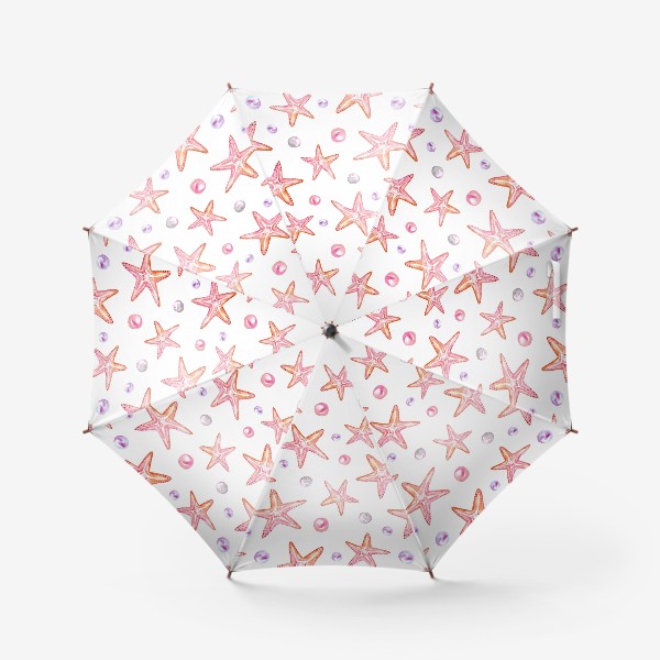 Зонт «Безшовный акварельный паттерн с морской темой, морскими звездами и жемчужинами»